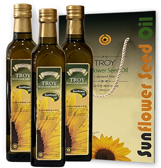 TROY 트로이 1등급 해바라기씨유 선물세트 NON-GMO 유리병 식용유, 3개, 500ml