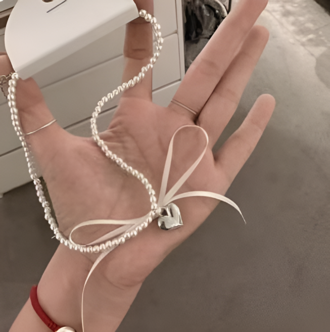 진주 비즈 리본 하트 펜던트 여성 쁘띠 목걸이