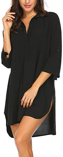 UPPERCUT 비치 원피스 비키니 커버업 셔츠 원피스 가디건 로브 시스루 박시셔츠, 블랙