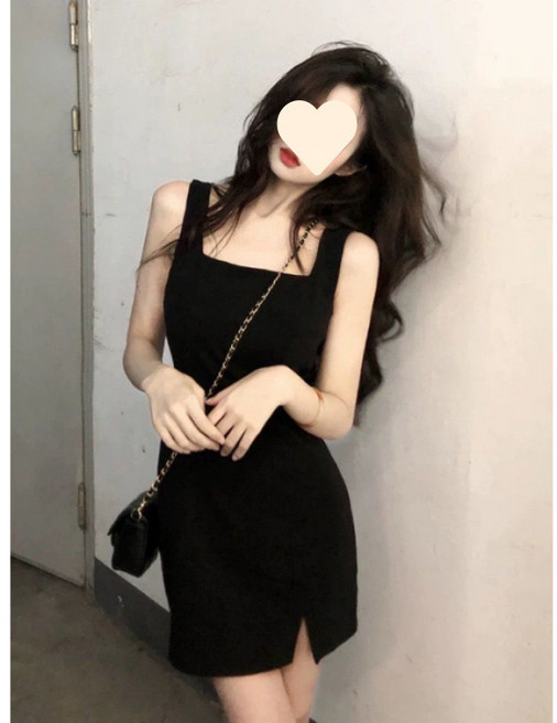 【辣妹顯瘦】吊帶連衣裙 包臀裙 短裙 連衣裙 吊帶裙 修身A字裙 黑色 收腰開叉 無袖 夏季約會派對穿搭