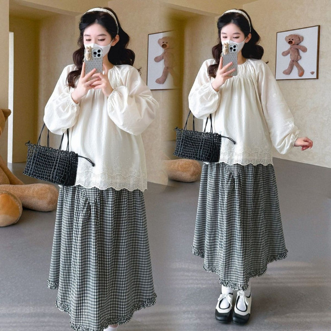 임산부 스커트 투피스 세트 봄 가을 임부 레이스 블라우스 + 체크 롱스커트 세트 데일리 캐주얼 스타일 JS