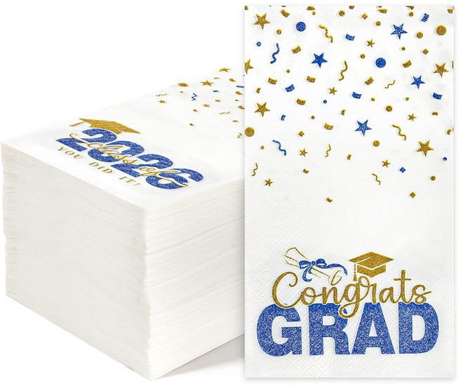 200 Pack Class of 2026 Graduation Napkins Blue Gold Disposable Congrats Grad Cocktail Napkins Pap