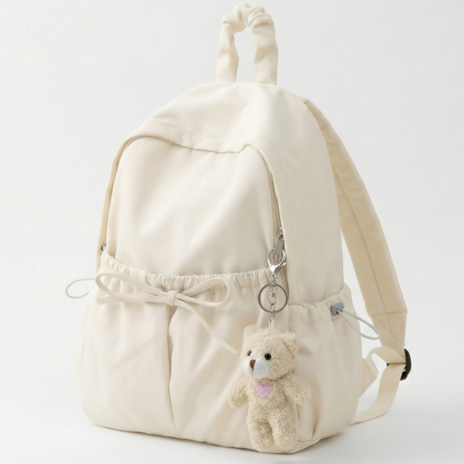 닷옴 여성 나일론 리본 셔링 발레코어 포켓 백팩 곰인형 키링 가벼운 가방