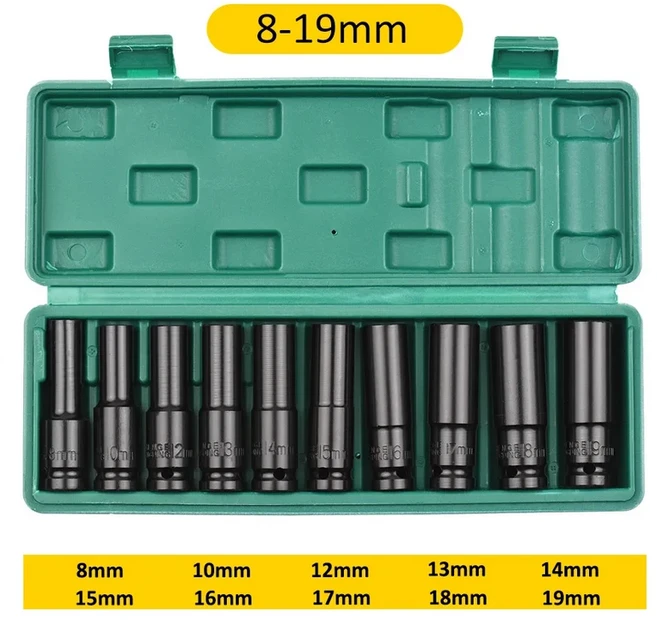 마키타 1/2인치 드라이브 6포인트 임팩트 소켓 세트 10-20개/세트 미터법 크기 탄소강 (하드 스지 박스 포, 05 10pcs-8-19mm, 01 CHINA