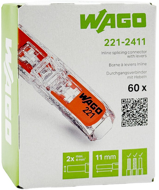 와고 전선커넥터 전선연결 전기자재 WAGO 221 2411 모든전선용 직결형, 60개