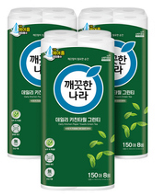 깨끗한나라 데일리 그린티 키친타월 150매 8롤 3개