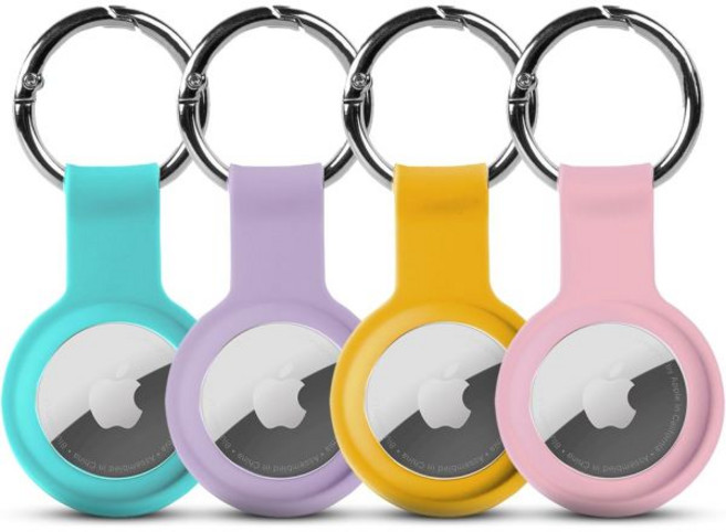 에어태그 홀더 열쇠고리 – 애플 케이스 키 가방 여행가방 애완동물 및 어린이와 호환 안전한 실리콘 4개 세트, Teal - Purple - Yellow - Pink