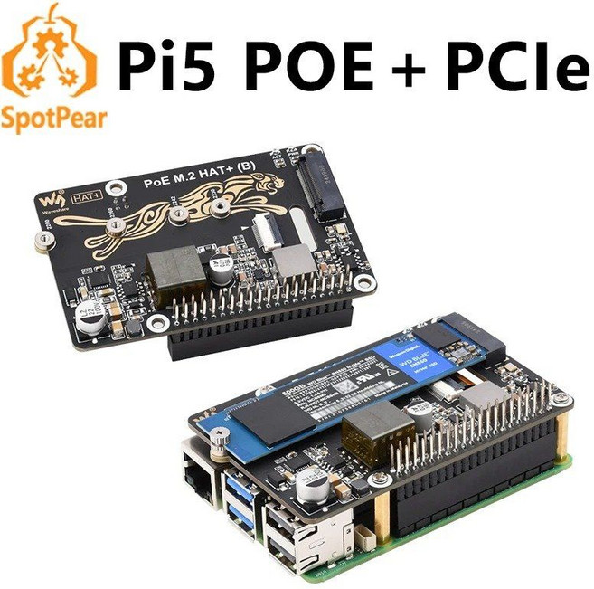 PI5용 라즈베리 파이 5 PoE 전원 및 PCIe M.2 NVMe SSD HAT PLUS(B) 2230/2242/2260/2280
