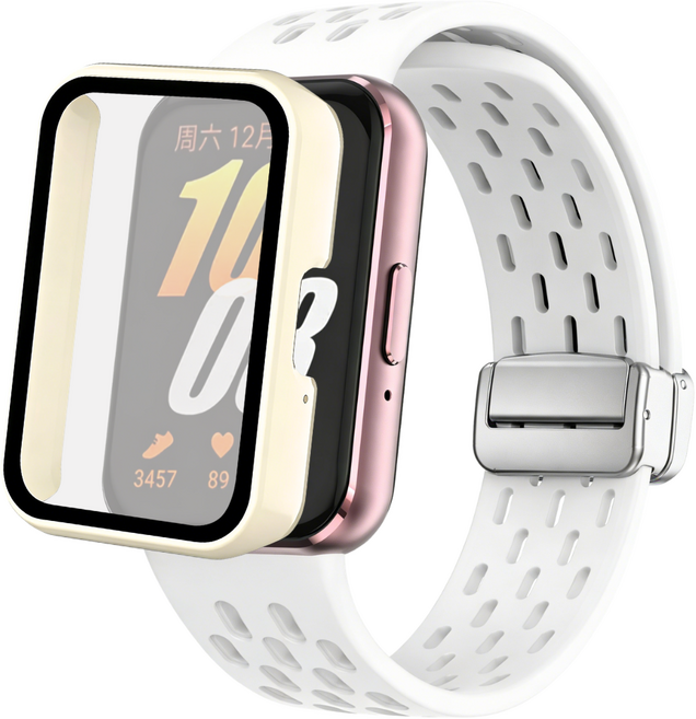 갤럭시 핏3 호환 멀티타공 마그네틱버클 실리콘 스트랩+ 풀커버 보호 케이스, 화이트 + 화이트