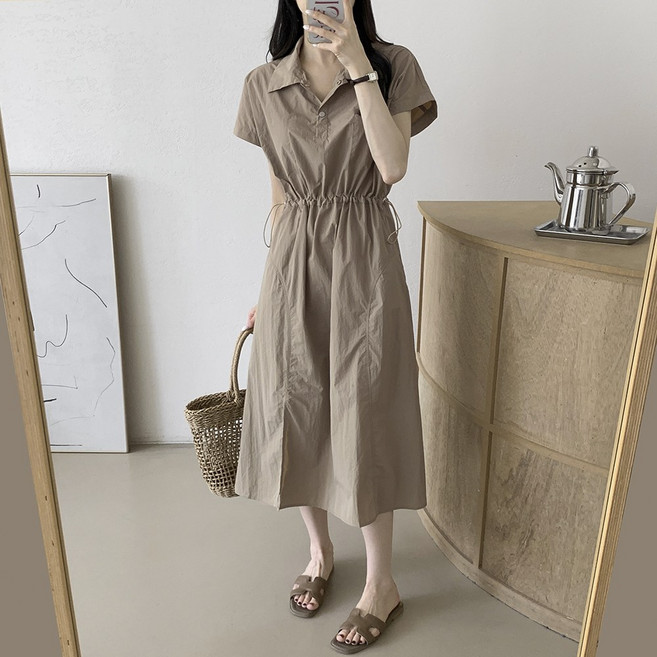유라타임 로로 바스락 스트링 반팔 루즈핏 롱 원피스