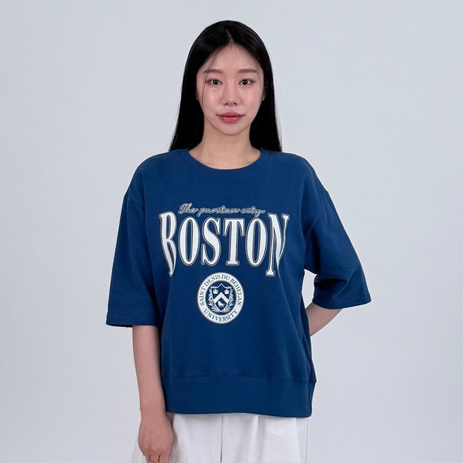 보스톤 캐쥬얼 레터링 7부 소매 반팔 맨투맨 티셔츠