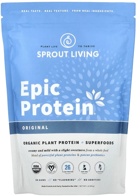 몸관리하세요 겨울입니다 Sprout Living Epic Protein 유기농 식물성 단백질 + 슈퍼 푸드 오리지널 455g(1lb) 특별관리진행, 455g, 1개 - 쿠팡