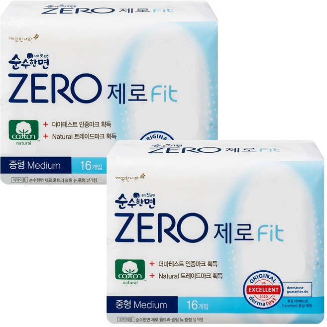 깨끗한나라 순수한면 ZERO 울트라슬림 뉴 중형 날개형 16p X 2개, 16개입