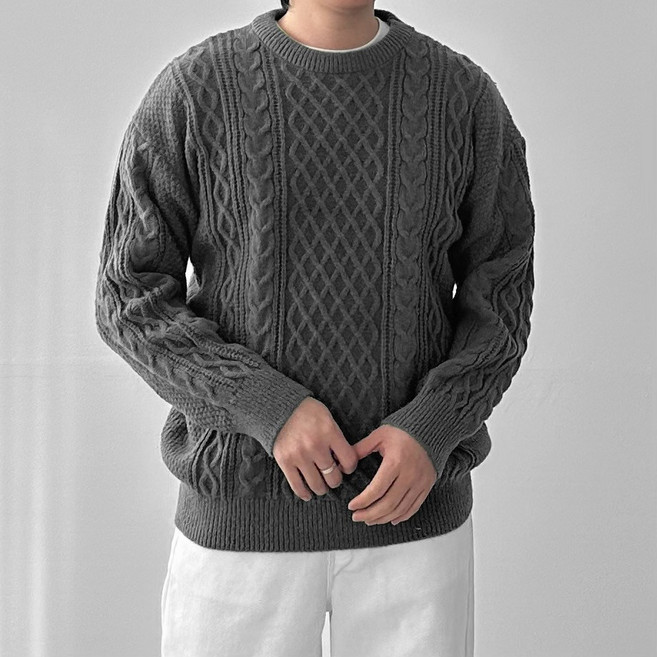 다이나믹피플 남자 두툼 꽈배기니트 오버핏 케이블 라운드 니트 스웨터