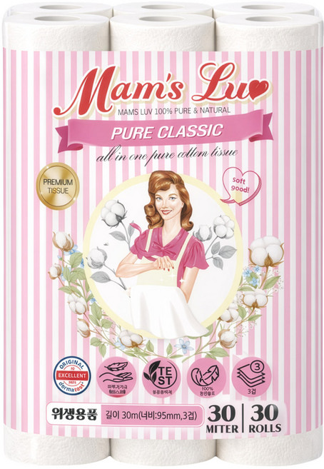 맘스럽 퓨어클래식 천연펄프100% 롤화장지 도톰한 데코3겹 두루말이, 1개, 30롤, 30m