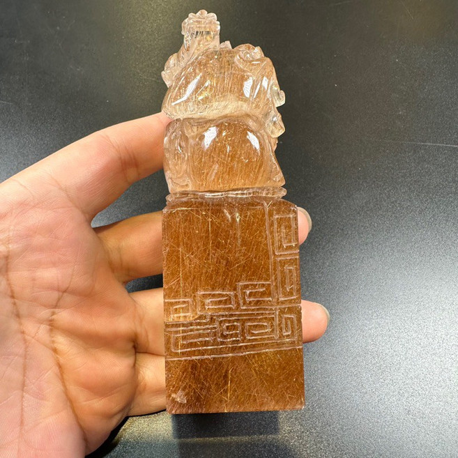 紅銅鈦髮晶手工雕刻印章 福祿壽造型 獨特晶體紋理, 1個