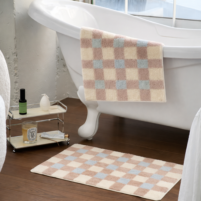 심플리베스트 3초흡수 빨아쓰는 호텔식 캐시미어 화장실 주방 욕실 발매트, 1개, 노드릭체크 브라운x스카이