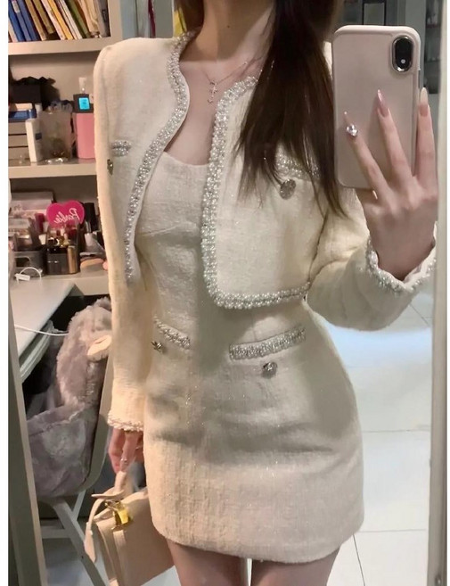 칩썬데이 여성 비즈 장식 크롭 트위드 자켓 미니원피스 세트