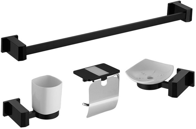 abs스텐리스 욕실 실속형 악세사리 4종 세트(무타공), 블랙 + 실버, 1개