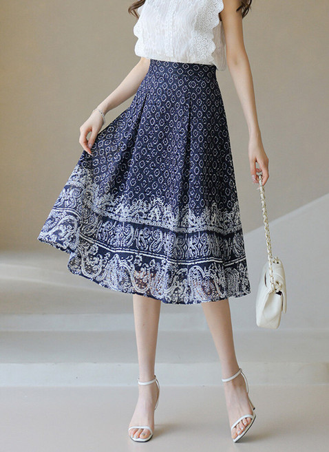 스타일온미 루이스엔젤 에스닉 페이즐리 투톤 펀칭 레이스 핀턱 플리츠 A라인 스커트