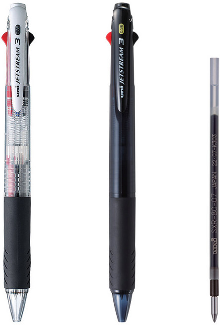 유니볼 제트스트림 3색 다색펜 0.38 블랙 투명 리필, 3본세트