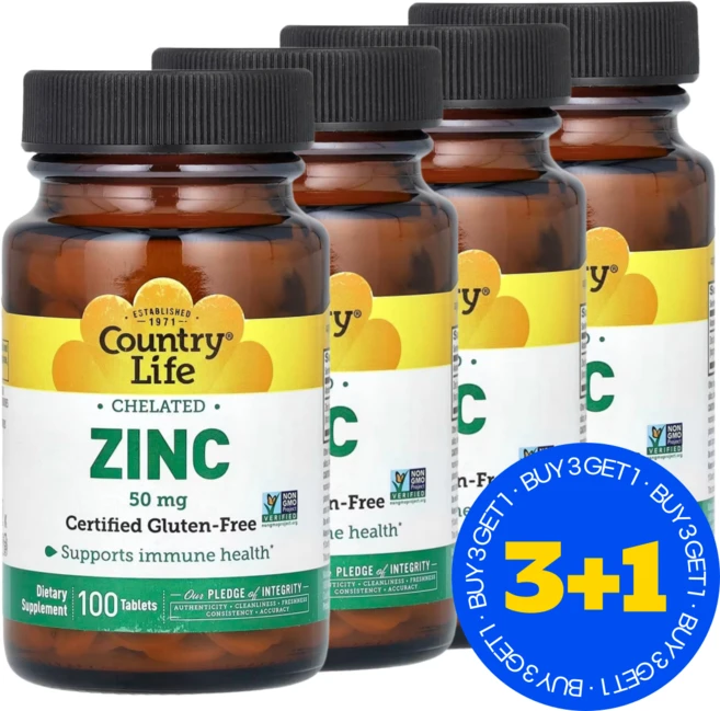 3+1 컨트리라이프 킬레이트화 아연 50mg 100정 글루텐 무함유 / 해외직구 미국정품, 4개 - 쿠팡