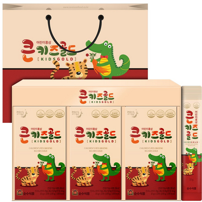 순수식품 큰 키즈 골드 어린이 홍삼 스틱 + 쇼핑백, 10ml, 30개