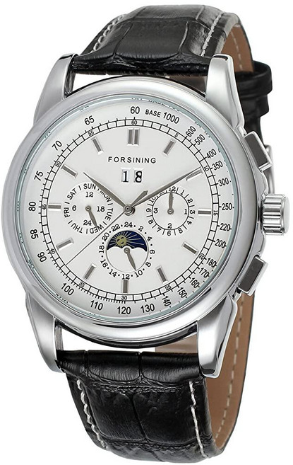 [미국수입정품] FORSINING Forsining 남성용 환상적인 오토매틱 럭셔리 브랜드 블랙 천연 가죽 스트랩 아날로그 문 페이즈 시계 FSG319M3S5 블랙. 모던.
