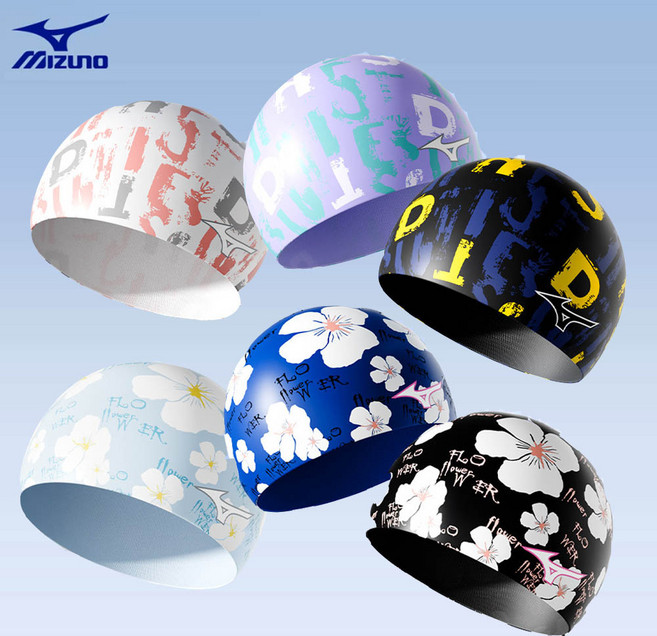 미즈노 공용 프린트 실리콘 수영 모자 디자인 수모 수영장 M25SSYM515 M516, 1개, 플라워스카이블루