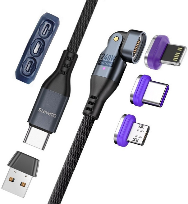 오파츠 6in1 PD240W 180도 회전 마그네틱 자석 충전케이블 6종 셋트, 블랙 케이블6종셋트, 1개, 1.8m