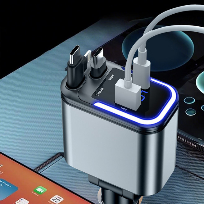 SEVOREN 동시5대충전 180W릴타입 차량용 고속충전기, C타입+C타입/애플