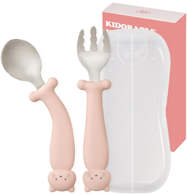 키도러블 휘어지는 3세대 자기주도 스텐 스푼포크, 1세트, 파스텔핑크