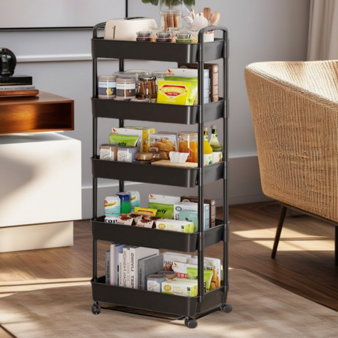 오어브랜드 이동식 무빙 정리함 선반 트롤리, 블랙, 5단