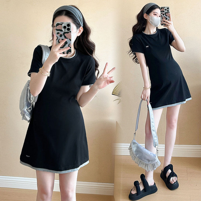 여름 임부 미니 원피스 캐주얼 반팔 원피스 편안한 디자인 면 혼합 소재 JS