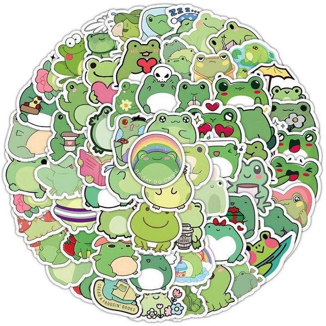동물스티커 오리 공룡 개구리 폰꾸 다꾸 캐리어 노트북 글라스데코 100매, 개구리 스티커