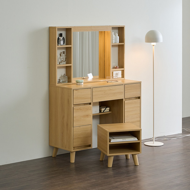 파로마 티아나 LED 수납 화장대 + 스툴 세트 방문설치, 오크