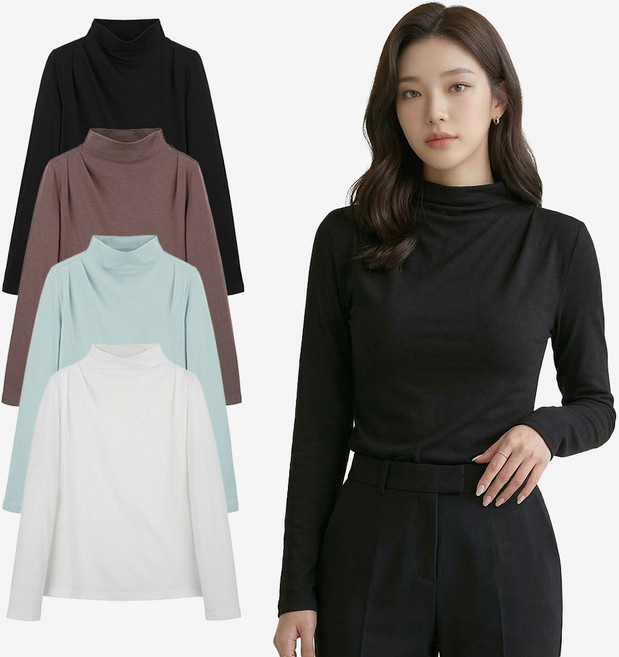 [후스타일] 실크블렌디드 하프넥 드레이핑 티블라우스 4종 세트