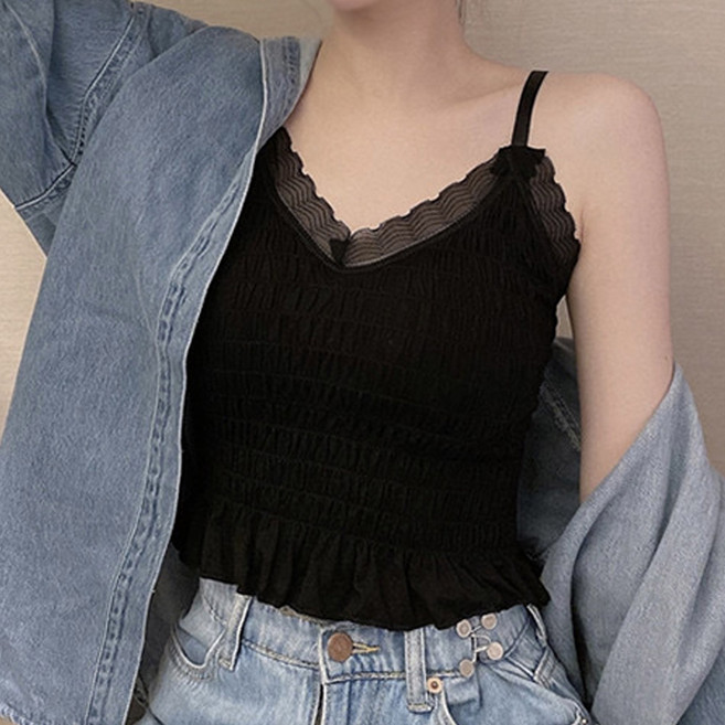 아이루리 러블리 브이넥 프릴 주름 나시 레이스 셔링 귀여운 데일리 캡내장 크롭 민소매