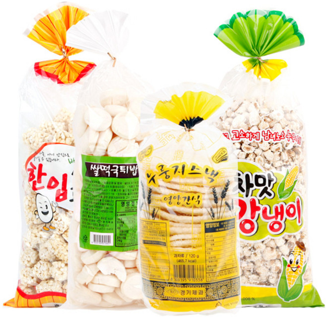 예찬 옛날과자 4종 (원형 뻥튀기120g+떡뻥140g+한입쌀과자330g+강냉이380g), 1세트, 상세 설명 참조