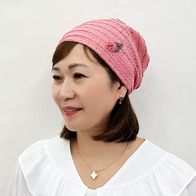 핑크 플라워 장식 찰랑 두건 비니 모자 여성 사계절 국내생산