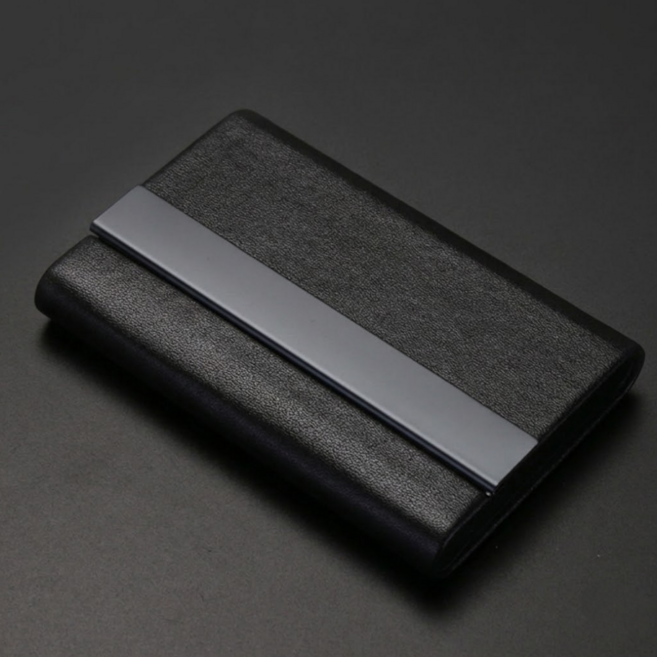 심플리 메탈 가죽 명함케이스, 1개, 블랙가죽+블랙메탈