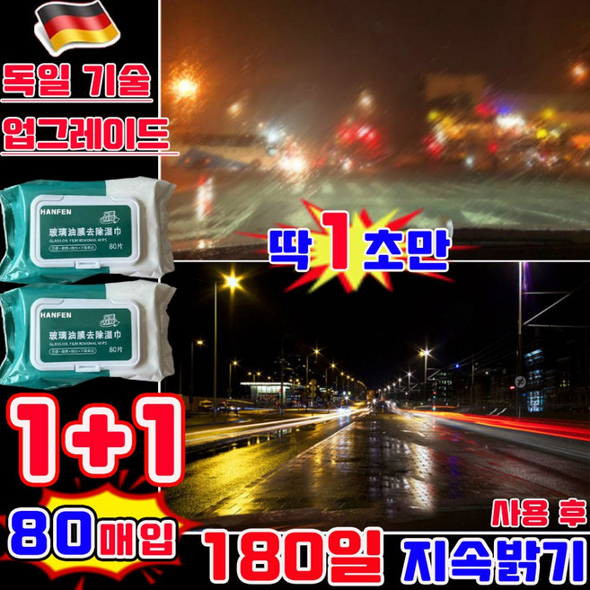 1+1/2+2 자동차 유리 유막세정티슈 차량 유막제거 물티슈 유리세정제 유리 발수코팅제 업그레이드 2.0 자동차 외부 세차티슈 기름때 간편 다용도 사은품 랜덤 증정, 2개, 80개