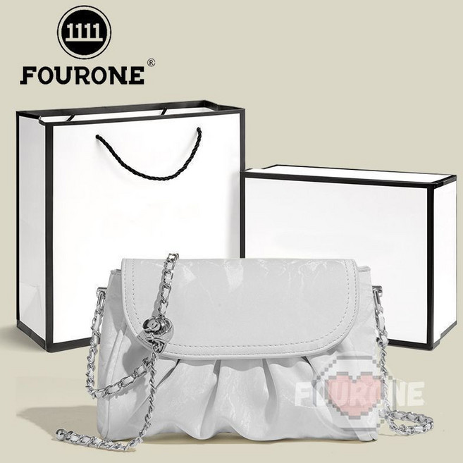 FOURONE 雲朵包 鏈條褶皺PU斜挎小包 夏天新款女生小眾高級感, 銀色單包, 銀色