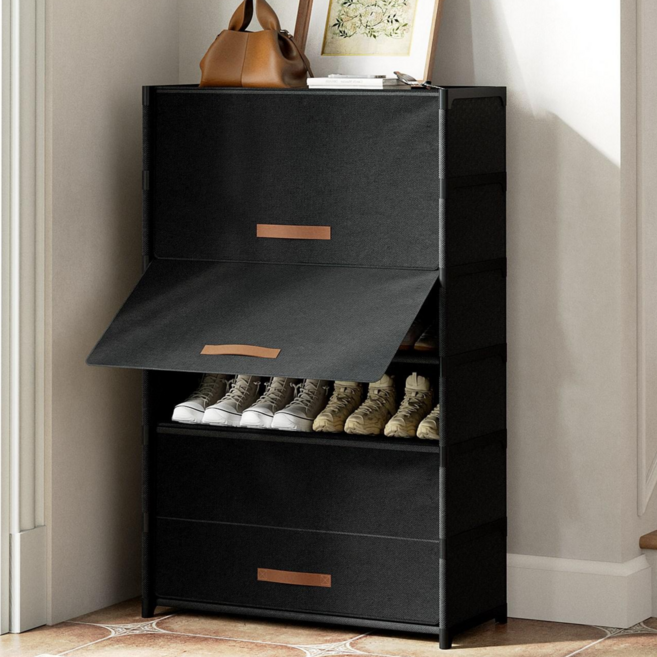 ONESOWON 현관 슬림 신발장 대용량 도어형 신발정리함 수납장700, 블랙, 7단