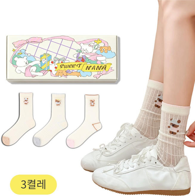 스위트나나 여성용 곰돌이 캐릭터 메쉬 여름 양말 3종 세트