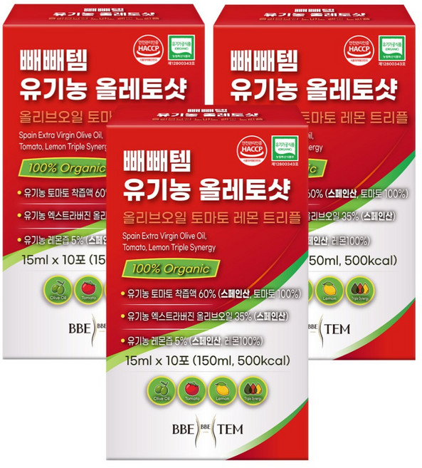 올토샷 유기농 100% 올레샷 엑스트라버진 올리브오일 레몬즙 스틱 NFC 착즙 토마토즙, 3개, 150ml