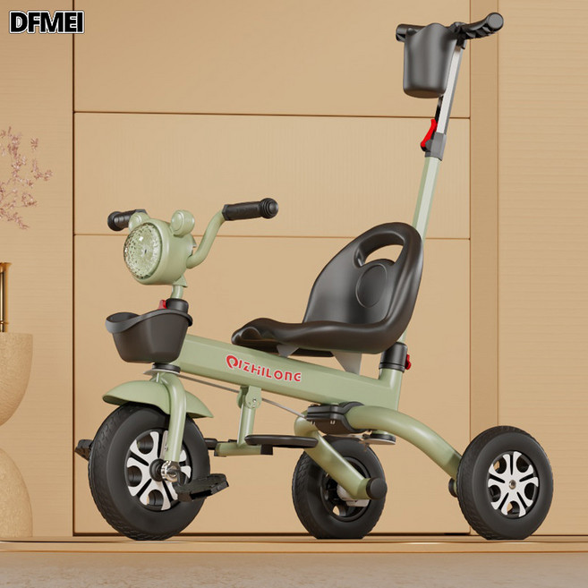 DFMEI 兒童三輪車多功能摺疊嬰幼兒可坐可躺音樂手推車自行車, 1個, 1cm, 摺疊手推款綠色D:參考詳情
