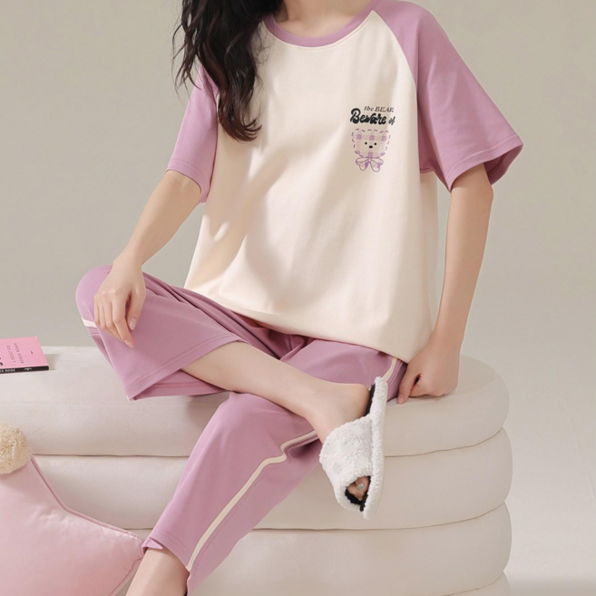 여성 라운드넥 곰돌이 체크 반팔 칠부바지 홈웨어 잠옷 세트