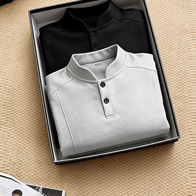 灰色亨利領短袖POLO衫 男款 復古拼接正肩T恤
