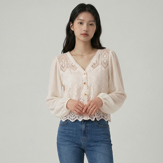 실루 여성 봄여름 브이넥 레이스 자수 블라우스 통기성 좋은 소재 가벼운 루즈핏 데일리